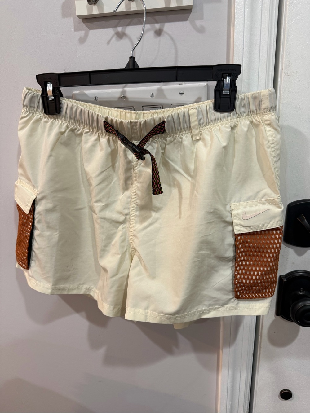 Nike Men’s Cream Cargo Swim Shorts with Brown Mesh Pockets